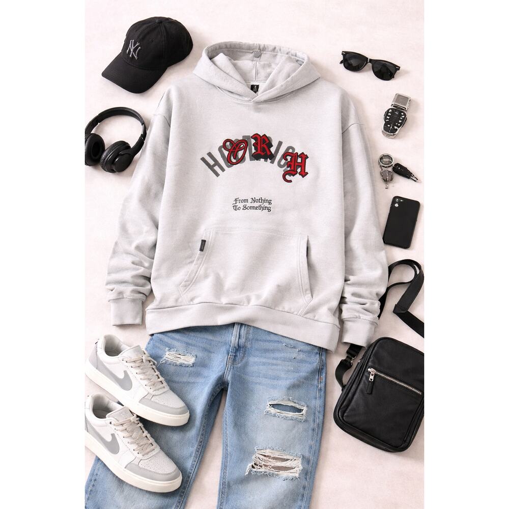 Hoodrich Men's Product Of The Streets Graphic Hoodie Light Gray Pullover Size M